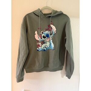 Disney Stitch Hoodie Olive Green Floral Graphic Womens Size Small S